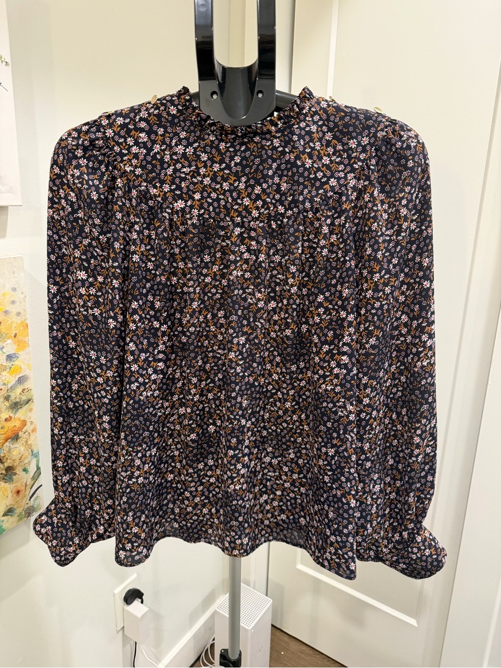 LOFT Black Floral Smocked Neck Blouse